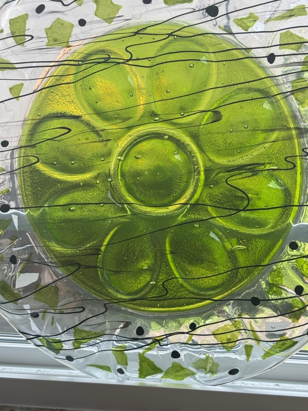 Stunning Green Fused Glass Egg Tray with Black, Green & White Confetti in Edging